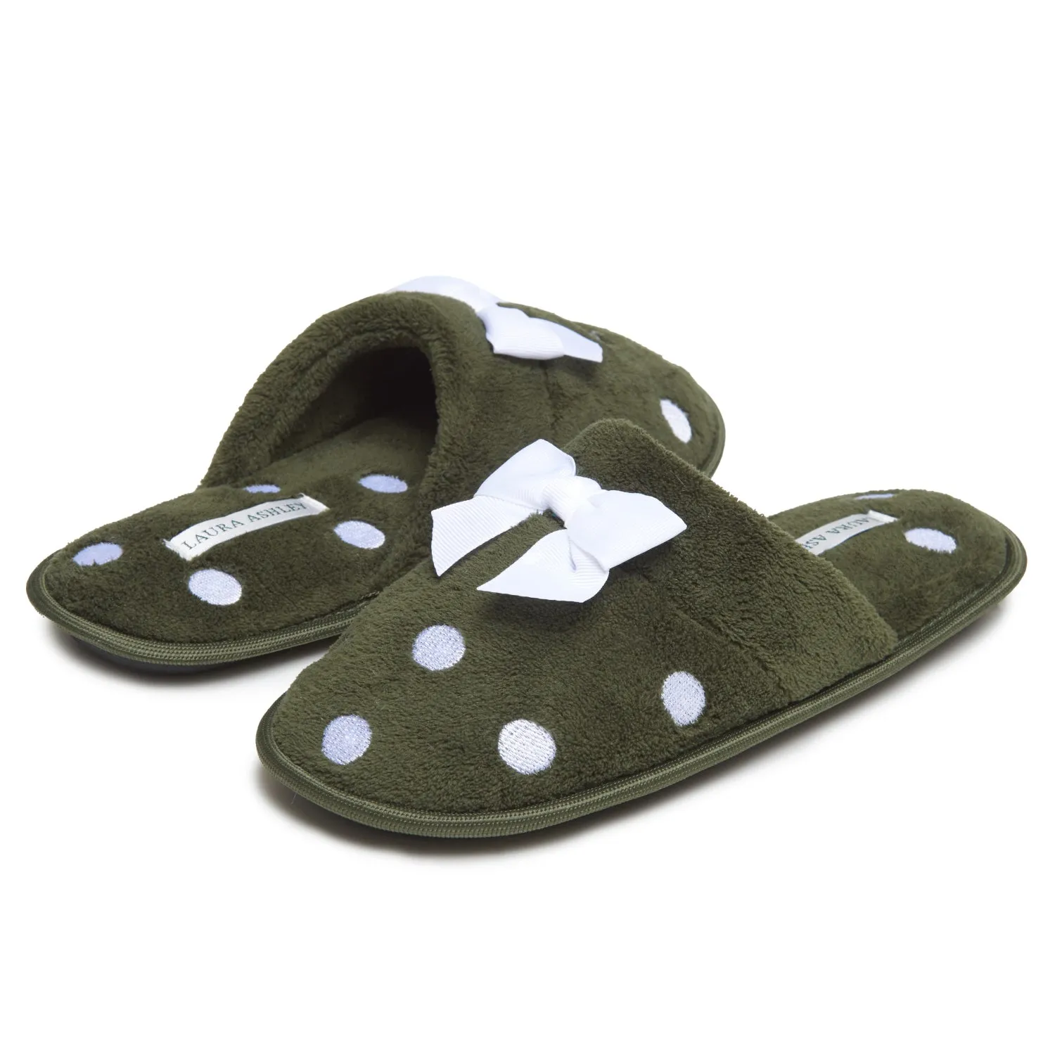 Laura Ashley Women's Embroidered Polka Dot Micro Terry Scuff Slippers with Bow Details | Soft and Warm House Slippers with Cushioned Insole for Ladies