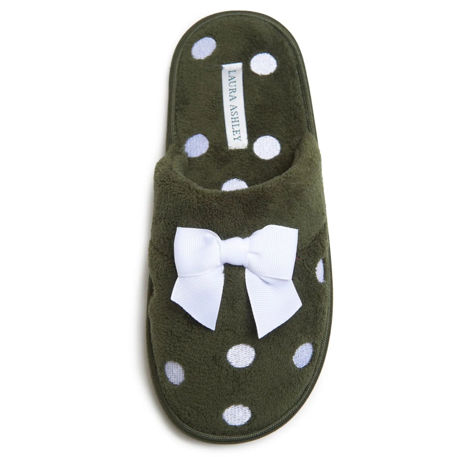 Laura Ashley Women's Embroidered Polka Dot Micro Terry Scuff Slippers with Bow Details | Soft and Warm House Slippers with Cushioned Insole for Ladies