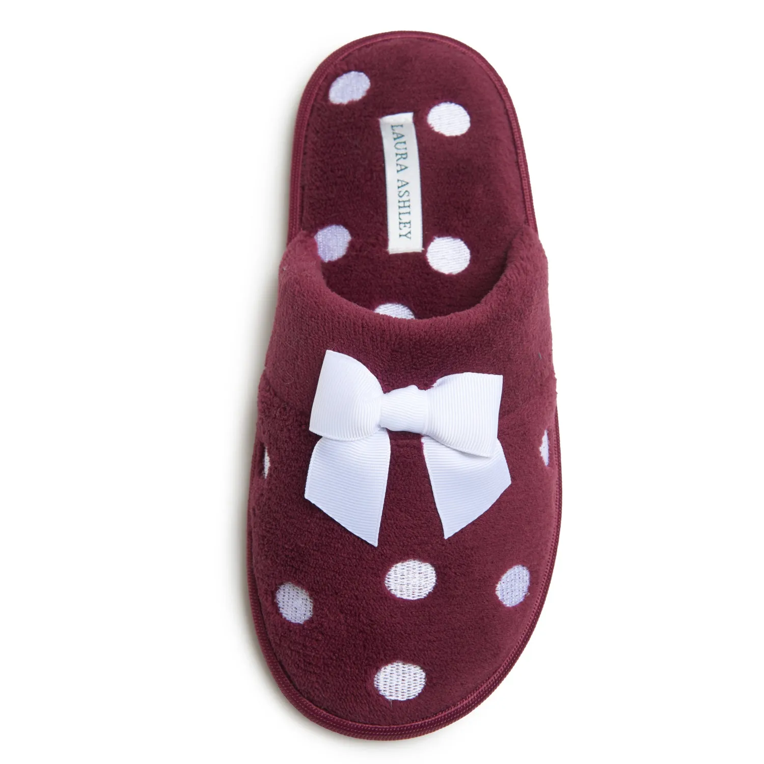 Laura Ashley Women's Embroidered Polka Dot Micro Terry Scuff Slippers with Bow Details | Soft and Warm House Slippers with Cushioned Insole for Ladies