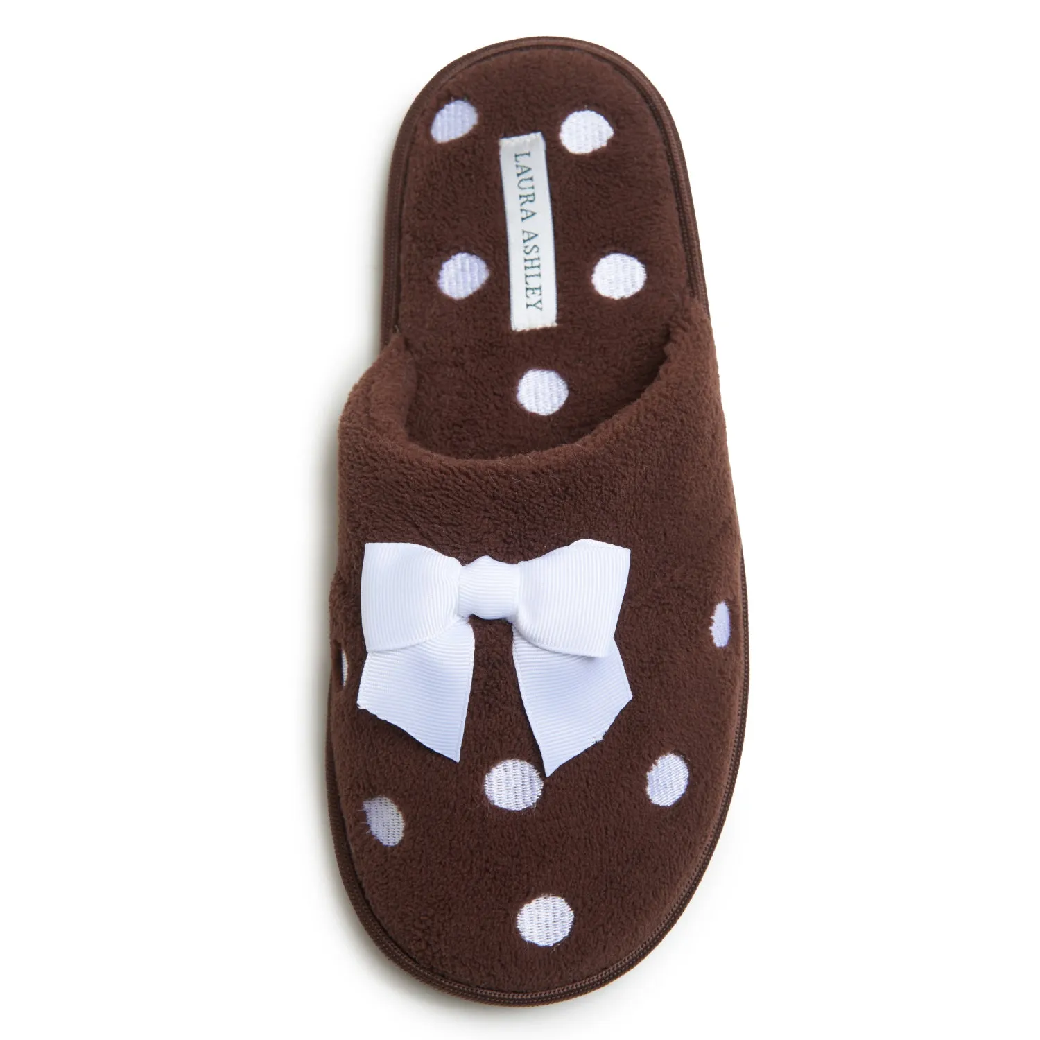 Laura Ashley Women's Embroidered Polka Dot Micro Terry Scuff Slippers with Bow Details | Soft and Warm House Slippers with Cushioned Insole for Ladies