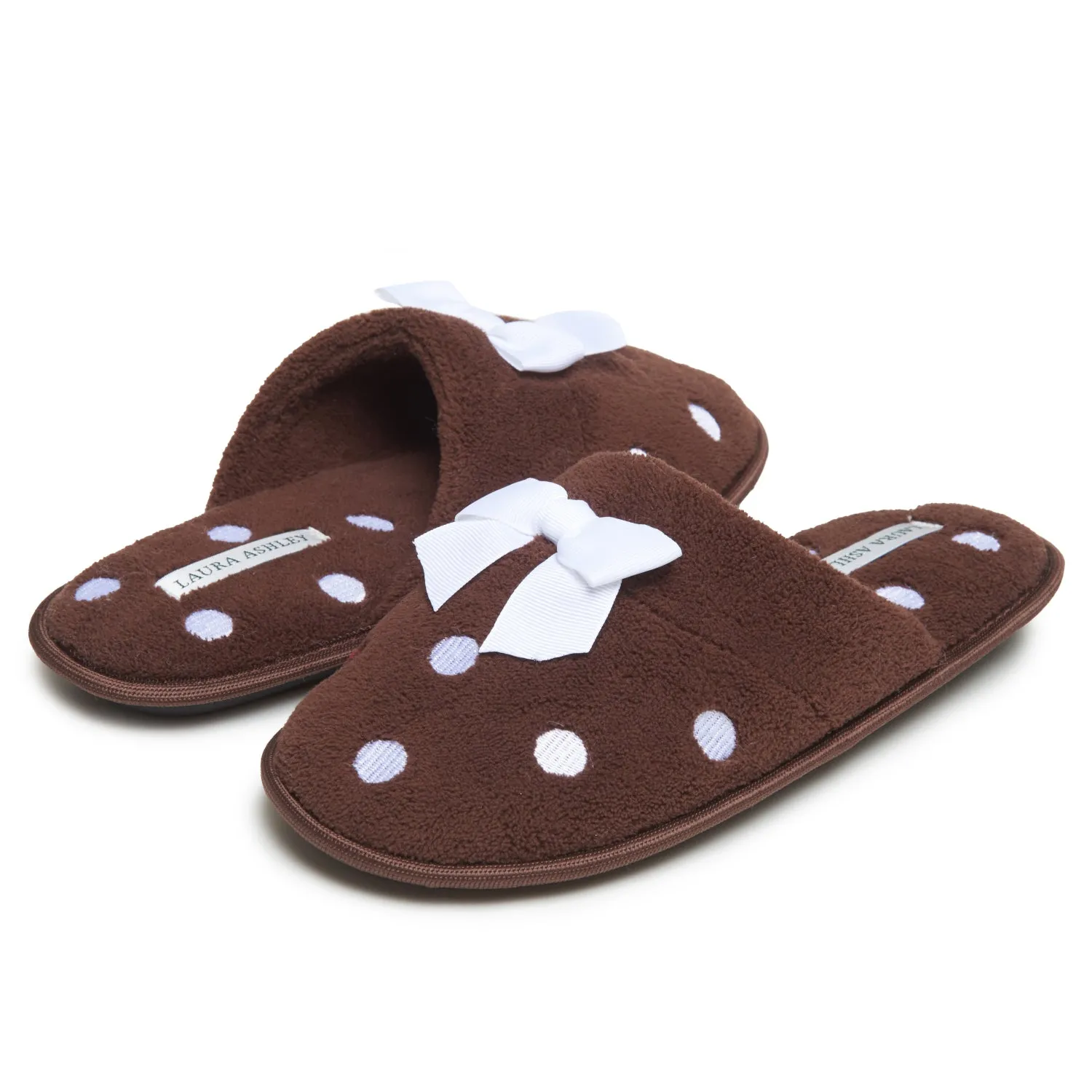 Laura Ashley Women's Embroidered Polka Dot Micro Terry Scuff Slippers with Bow Details | Soft and Warm House Slippers with Cushioned Insole for Ladies
