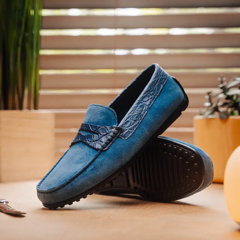 Monza Sueded Calfskin and Crocodile Driver in Denim Blue by Zelli Italia