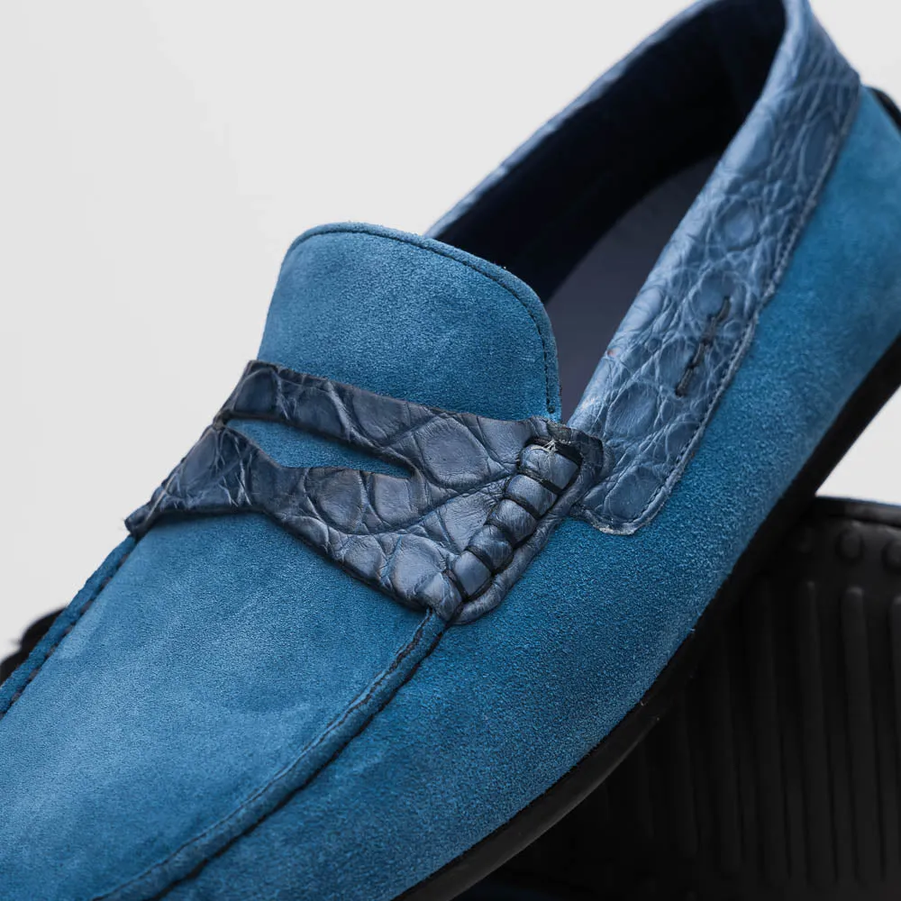 Monza Sueded Calfskin and Crocodile Driver in Denim Blue by Zelli Italia