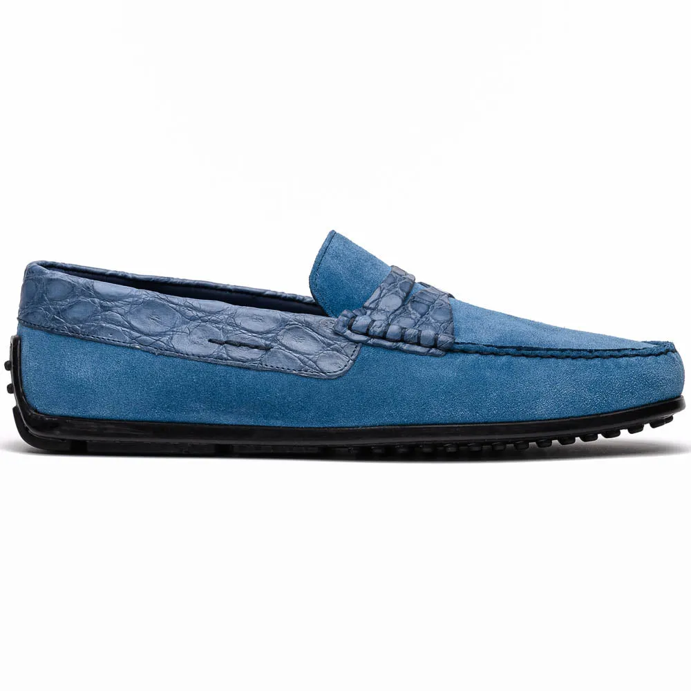 Monza Sueded Calfskin and Crocodile Driver in Denim Blue by Zelli Italia