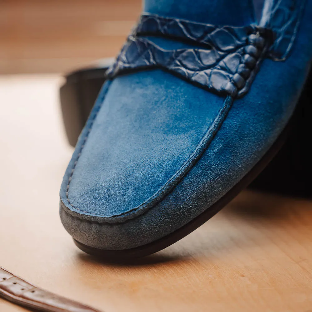 Monza Sueded Calfskin and Crocodile Driver in Denim Blue by Zelli Italia
