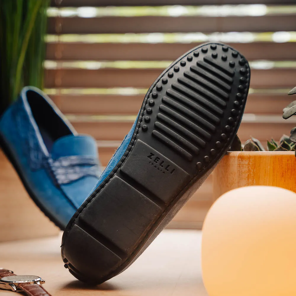 Monza Sueded Calfskin and Crocodile Driver in Denim Blue by Zelli Italia