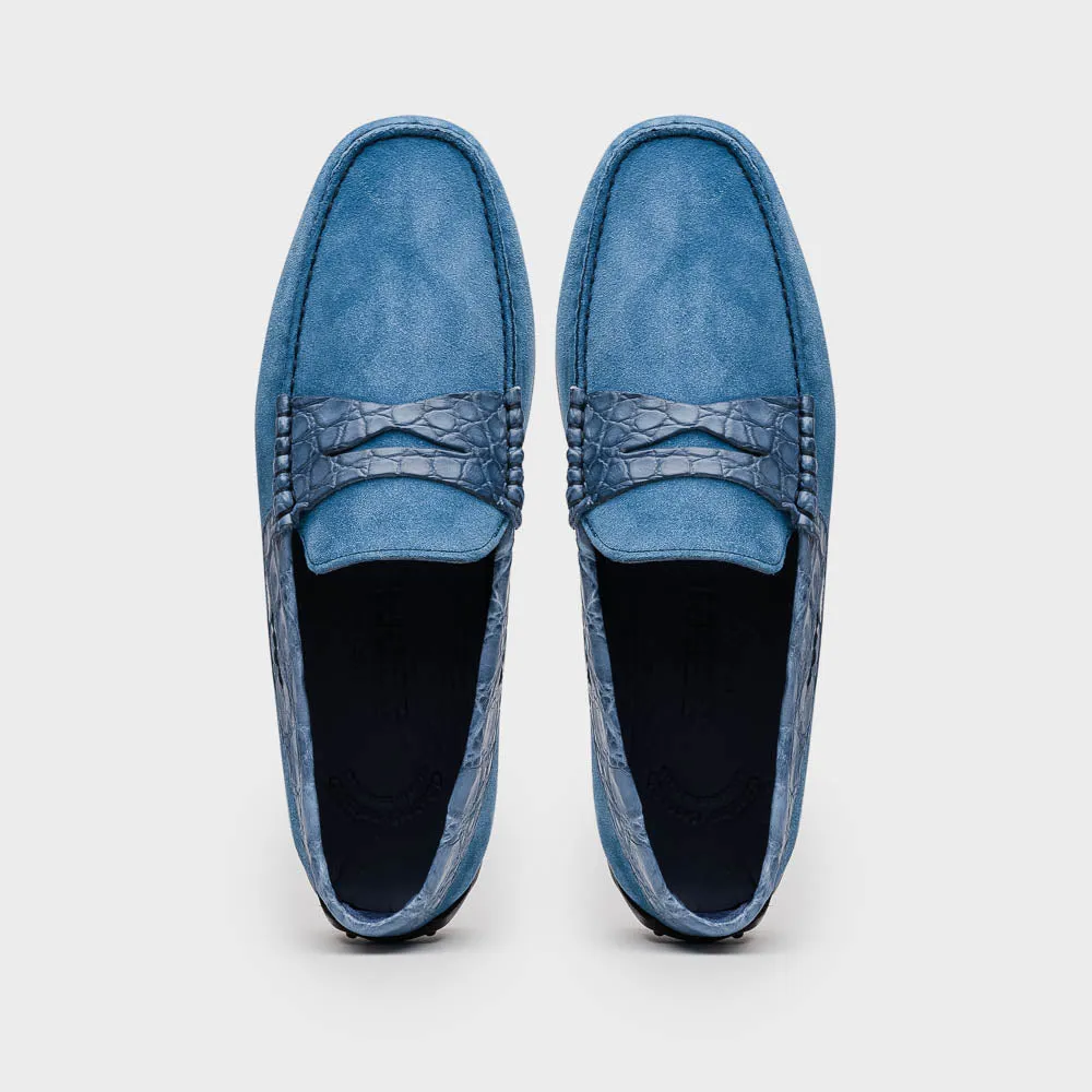 Monza Sueded Calfskin and Crocodile Driver in Denim Blue by Zelli Italia