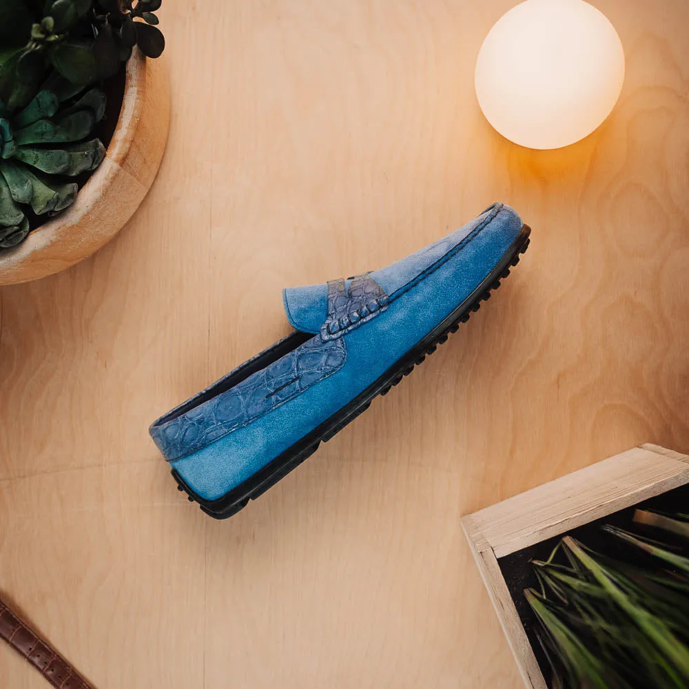 Monza Sueded Calfskin and Crocodile Driver in Denim Blue by Zelli Italia