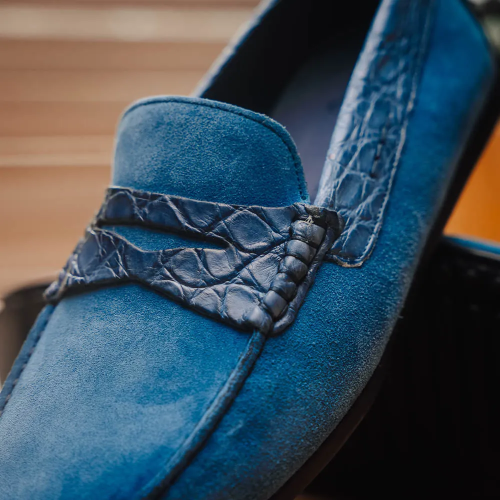 Monza Sueded Calfskin and Crocodile Driver in Denim Blue by Zelli Italia