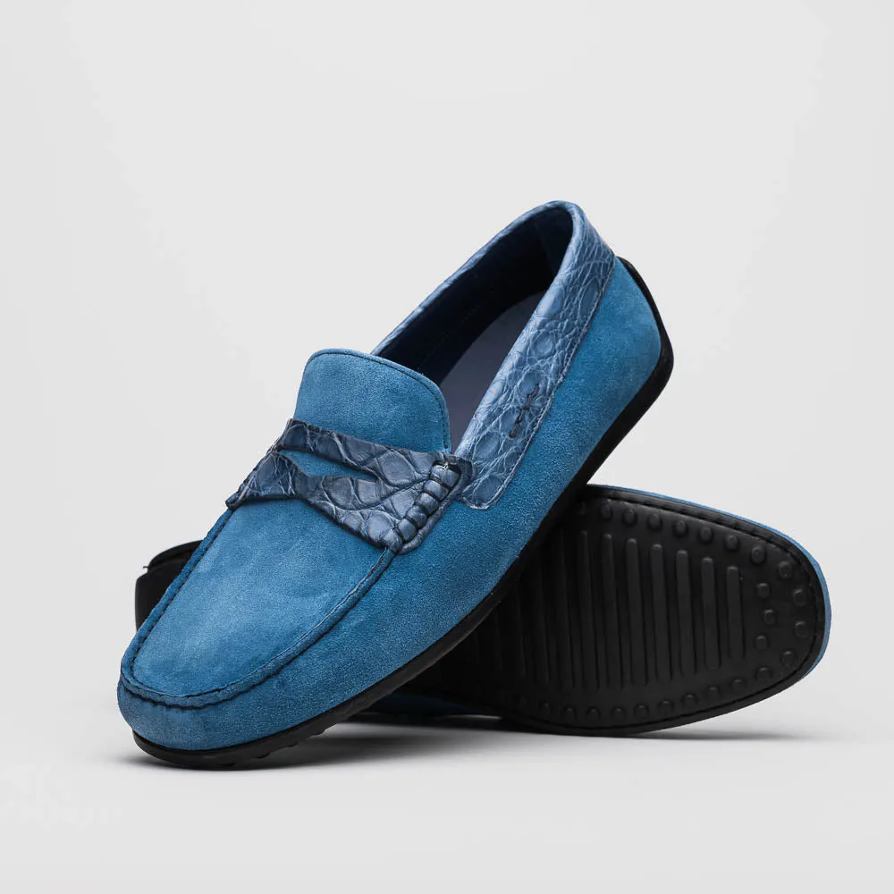 Monza Sueded Calfskin and Crocodile Driver in Denim Blue by Zelli Italia