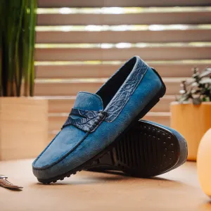 Monza Sueded Calfskin and Crocodile Driver in Denim Blue by Zelli Italia
