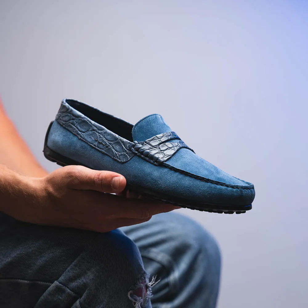 Monza Sueded Calfskin and Crocodile Driver in Denim Blue by Zelli Italia