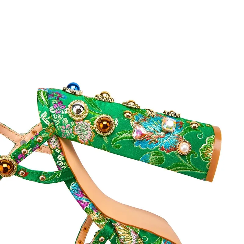 Waterproof Platform Heeled Pearl Rivet Flower Sandals