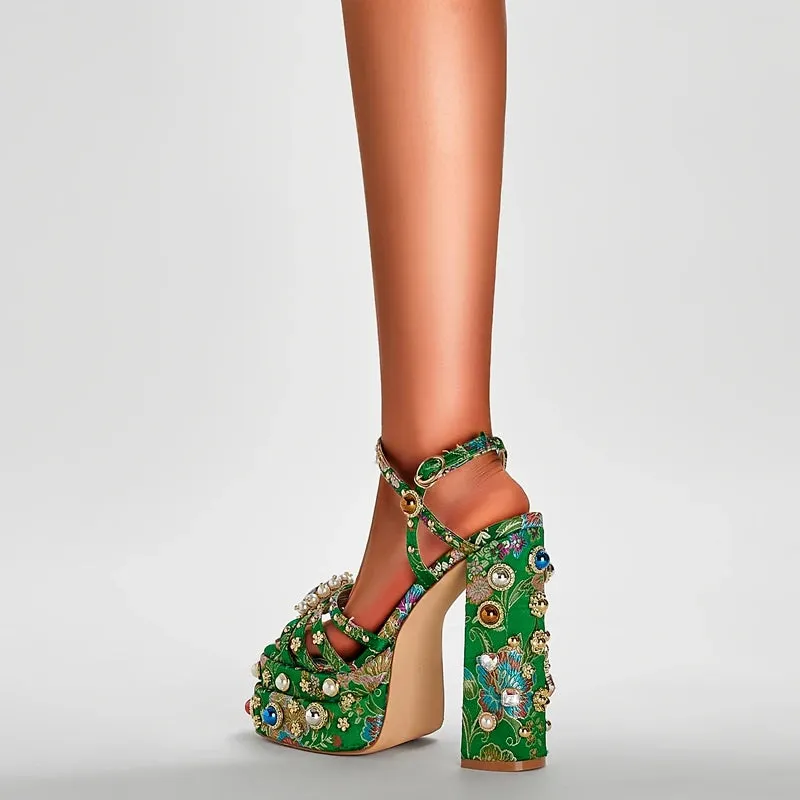 Waterproof Platform Heeled Pearl Rivet Flower Sandals