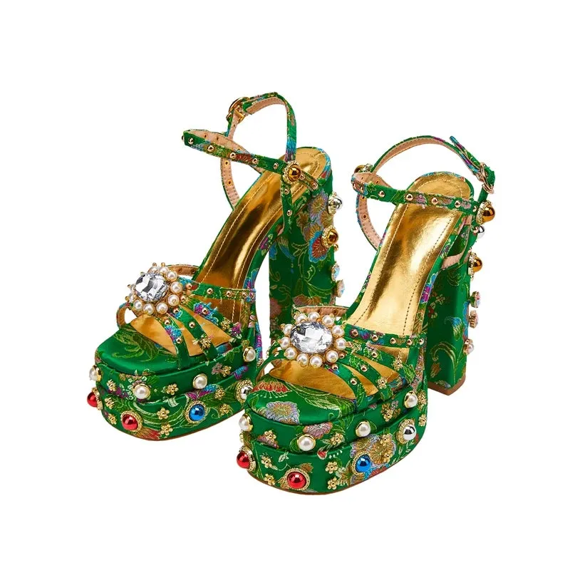 Waterproof Platform Heeled Pearl Rivet Flower Sandals