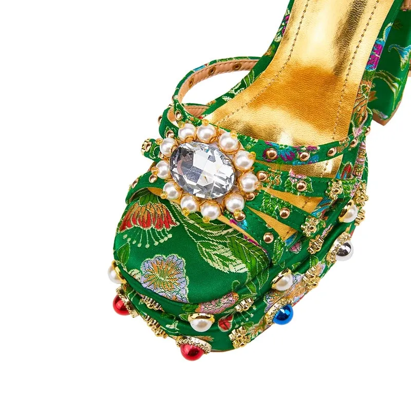 Waterproof Platform Heeled Pearl Rivet Flower Sandals