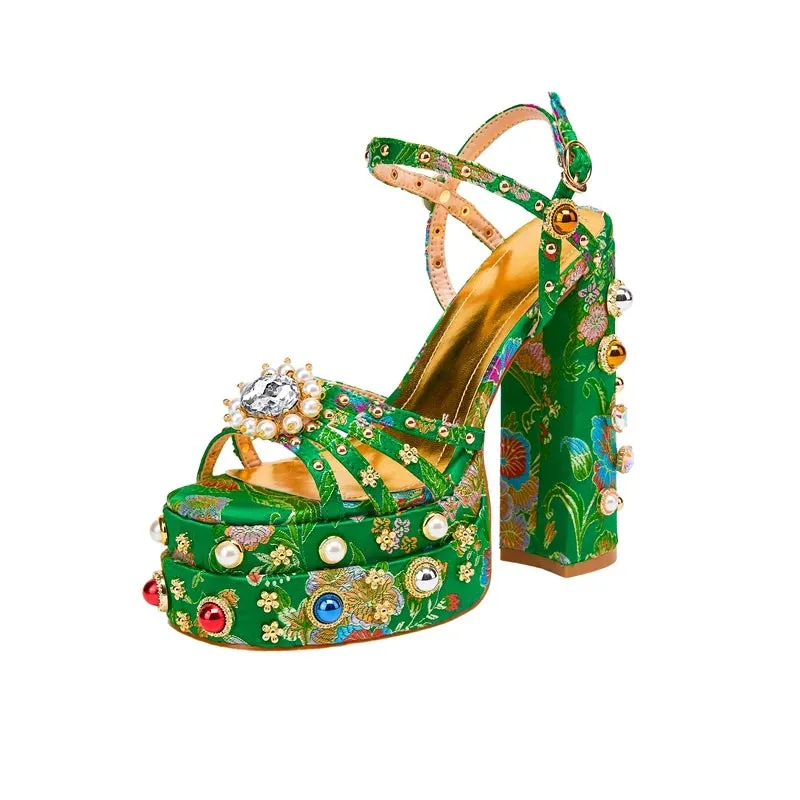 Waterproof Platform Heeled Pearl Rivet Flower Sandals