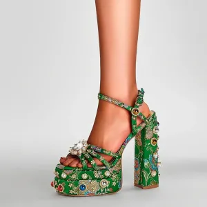 Waterproof Platform Heeled Pearl Rivet Flower Sandals